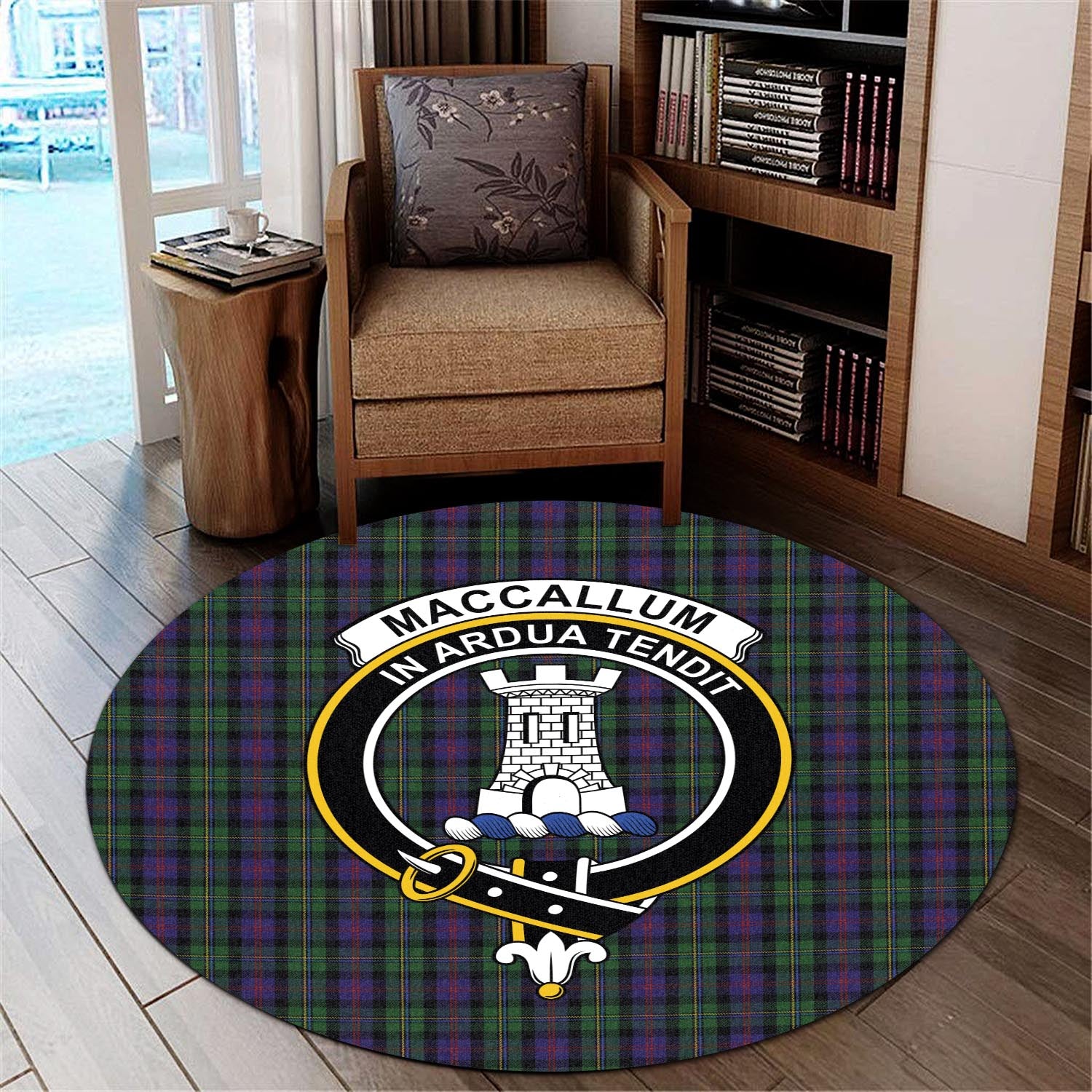 maccallum-tartan-round-rug-with-family-crest