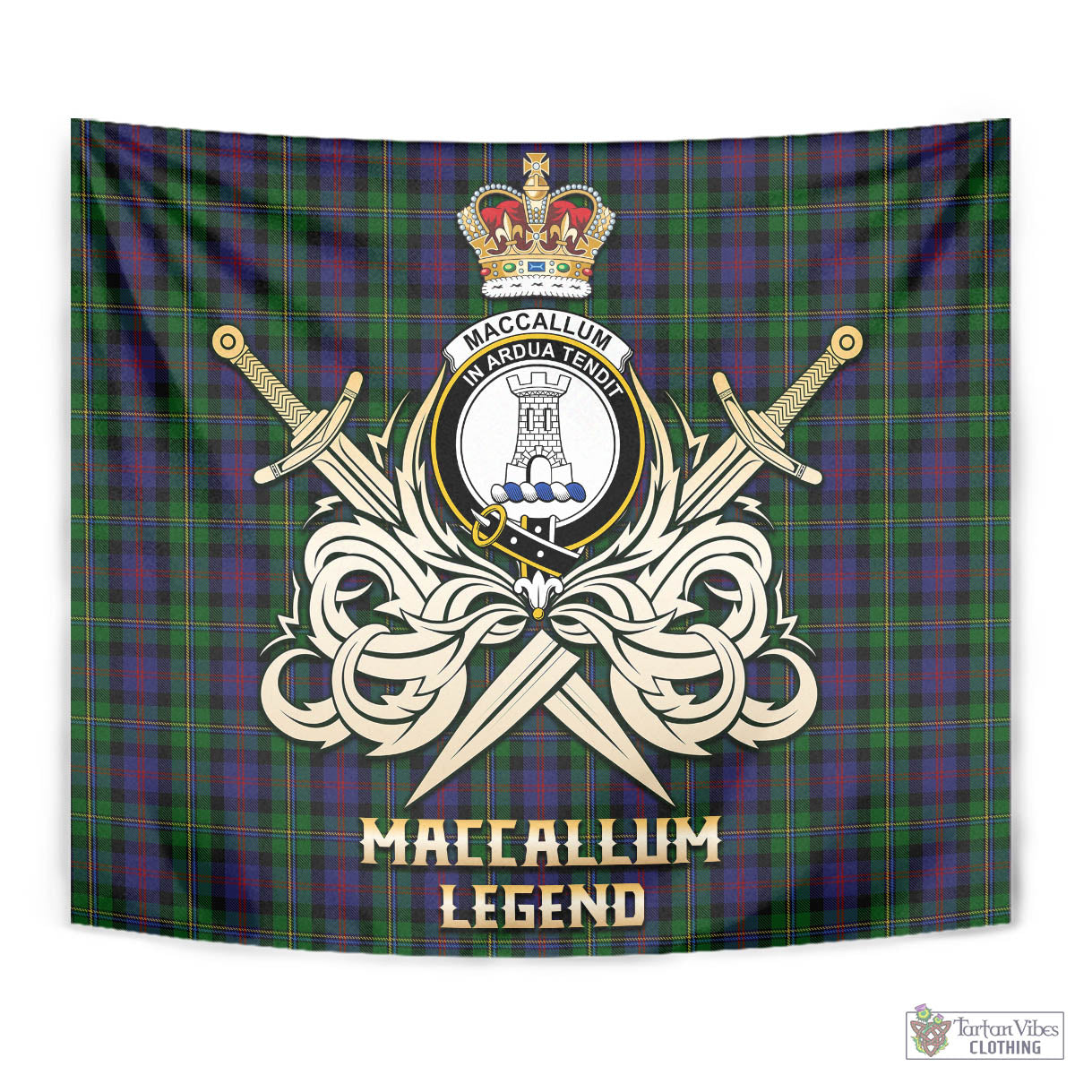 Tartan Vibes Clothing MacCallum Tartan Tapestry with Clan Crest and the Golden Sword of Courageous Legacy