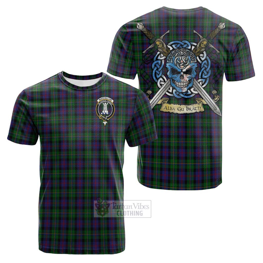 Tartan Vibes Clothing MacCallum (McCallum) Tartan Cotton T-shirt with Family Crest Celtic Skull Style