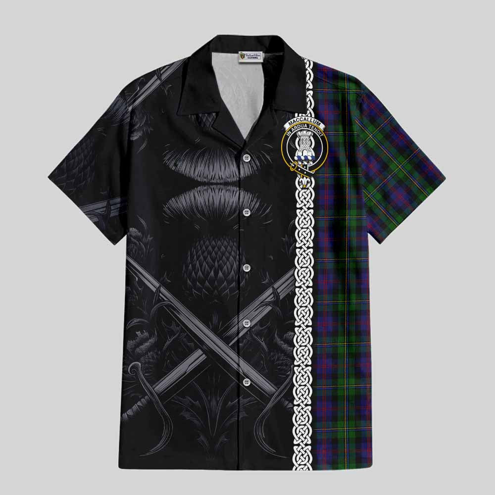 Tartan Vibes Clothing MacCallum (McCallum) Tartan Short Sleeve Button Shirt with Family Crest Cross Sword Thistle Celtic Vibes