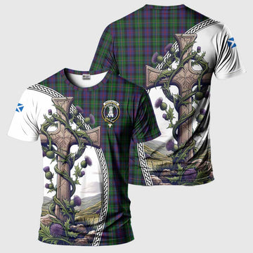 Tartan Vibes Clothing MacCallum (McCallum) Agnew Tartan T-Shirt with Family Crest and St. Andrew's Cross Accented by Thistle Vines