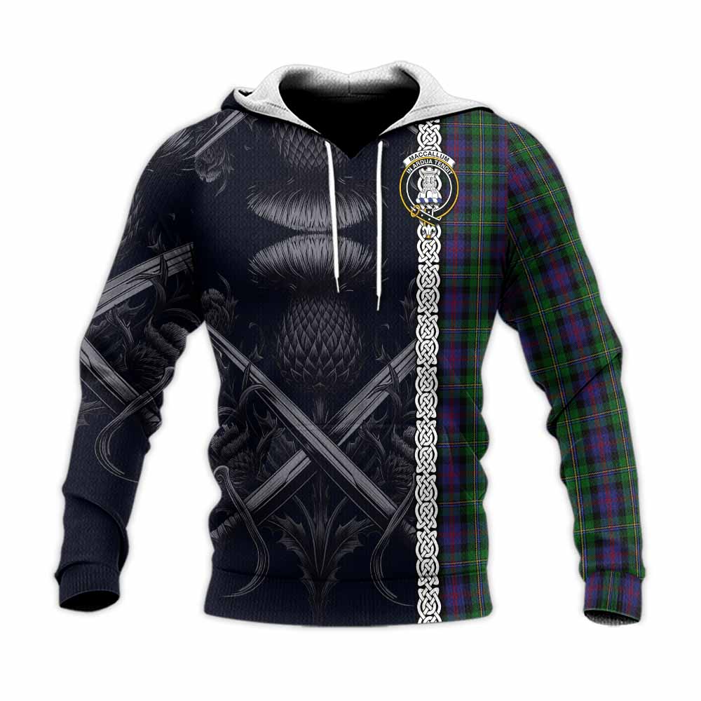 Tartan Vibes Clothing MacCallum (McCallum) Tartan Knitted Hoodie with Family Crest Cross Sword Thistle Celtic Vibes
