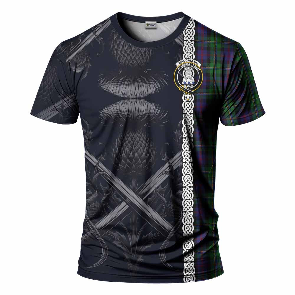 Tartan Vibes Clothing MacCallum (McCallum) Tartan T-Shirt with Family Crest Cross Sword Thistle Celtic Vibes