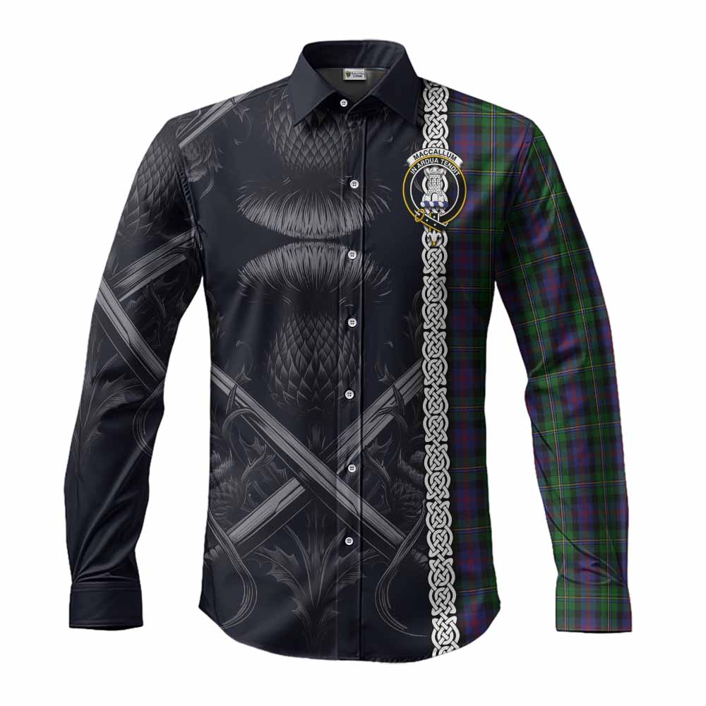 Tartan Vibes Clothing MacCallum (McCallum) Tartan Long Sleeve Button Shirt with Family Crest Cross Sword Thistle Celtic Vibes