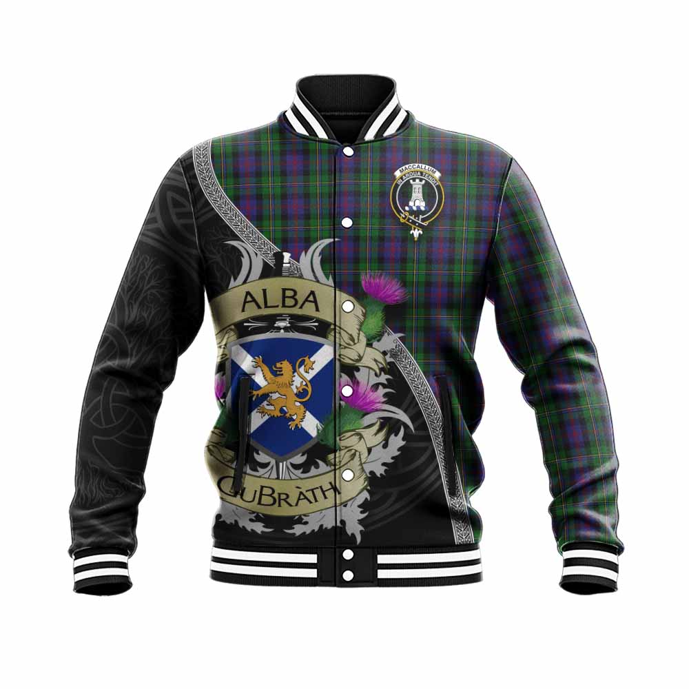 Tartan Vibes Clothing MacCallum (McCallum) Tartan Family Crest Baseball Jacket Lion Rampant Royal Thistle Shield Celtic Inspired