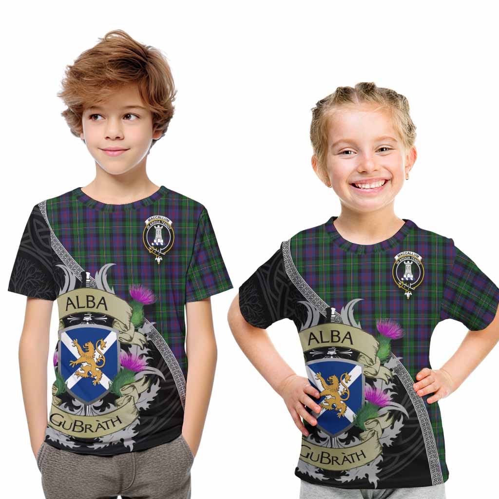 Tartan Vibes Clothing MacCallum (McCallum) Tartan Family Crest Kid T-Shirt Lion Rampant Royal Thistle Shield Celtic Inspired