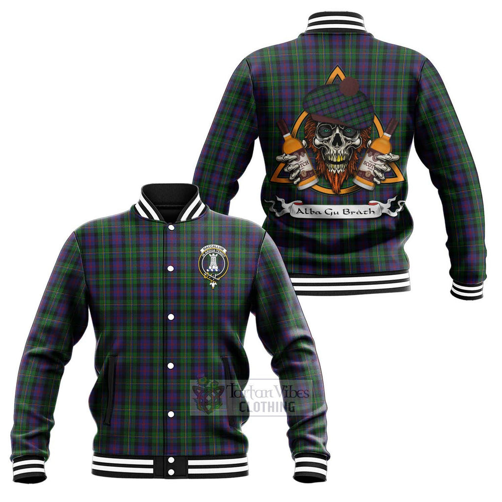 Tartan Vibes Clothing MacCallum (McCallum) Tartan Baseball Jacket with Family Crest and Bearded Skull Holding Bottles of Whiskey