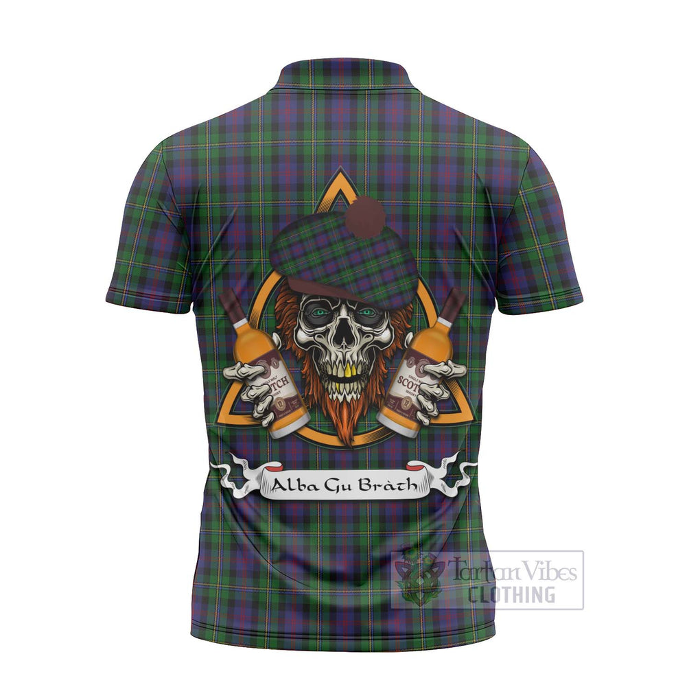Tartan Vibes Clothing MacCallum (McCallum) Tartan Zipper Polo Shirt with Family Crest and Bearded Skull Holding Bottles of Whiskey