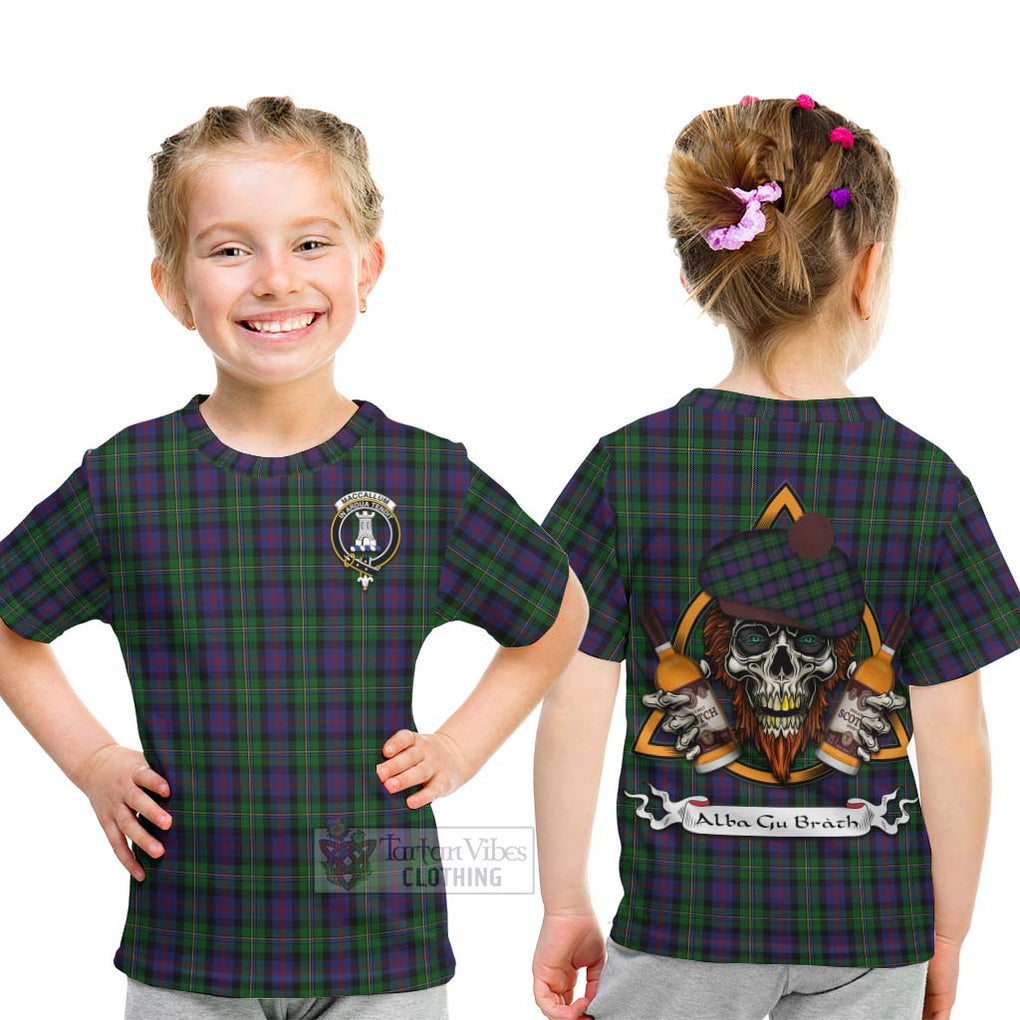Tartan Vibes Clothing MacCallum (McCallum) Tartan Kid T-Shirt with Family Crest and Bearded Skull Holding Bottles of Whiskey