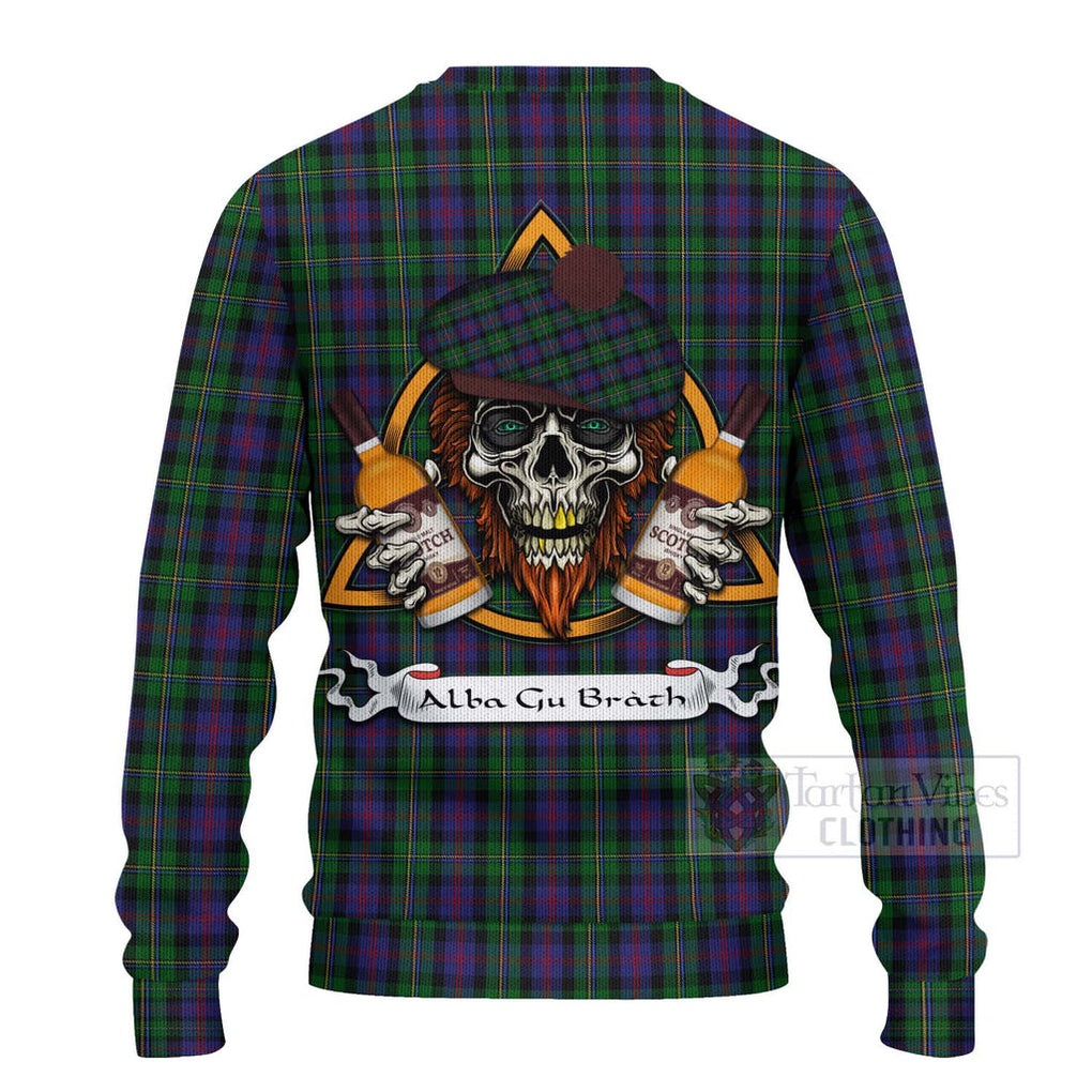 Tartan Vibes Clothing MacCallum (McCallum) Tartan Knitted Sweater with Family Crest and Bearded Skull Holding Bottles of Whiskey