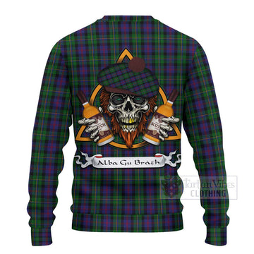 Tartan Vibes Clothing MacCallum (McCallum) Tartan Knitted Sweater with Family Crest and Bearded Skull Holding Bottles of Whiskey