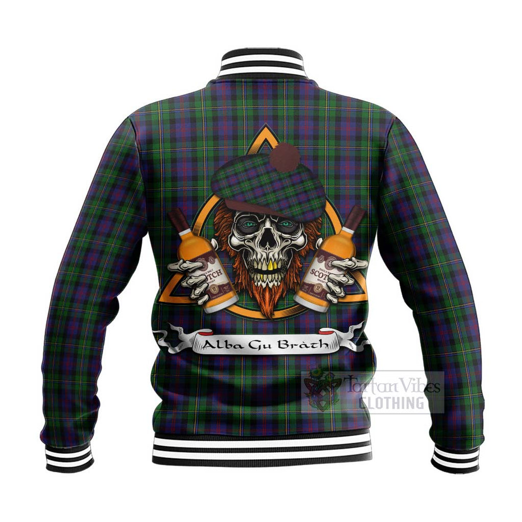 Tartan Vibes Clothing MacCallum (McCallum) Tartan Baseball Jacket with Family Crest and Bearded Skull Holding Bottles of Whiskey