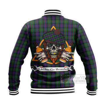 Tartan Vibes Clothing MacCallum (McCallum) Tartan Baseball Jacket with Family Crest and Bearded Skull Holding Bottles of Whiskey