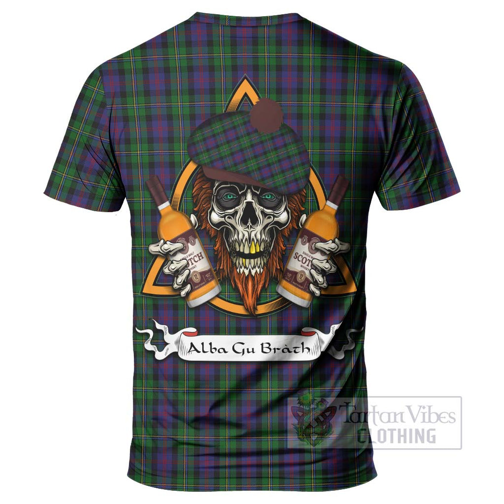 Tartan Vibes Clothing MacCallum (McCallum) Tartan T-Shirt with Family Crest and Bearded Skull Holding Bottles of Whiskey