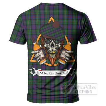 Tartan Vibes Clothing MacCallum (McCallum) Tartan T-Shirt with Family Crest and Bearded Skull Holding Bottles of Whiskey