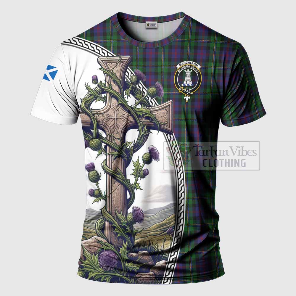 Tartan Vibes Clothing MacCallum (McCallum) Agnew Tartan T-Shirt with Family Crest and St. Andrew's Cross Accented by Thistle Vines