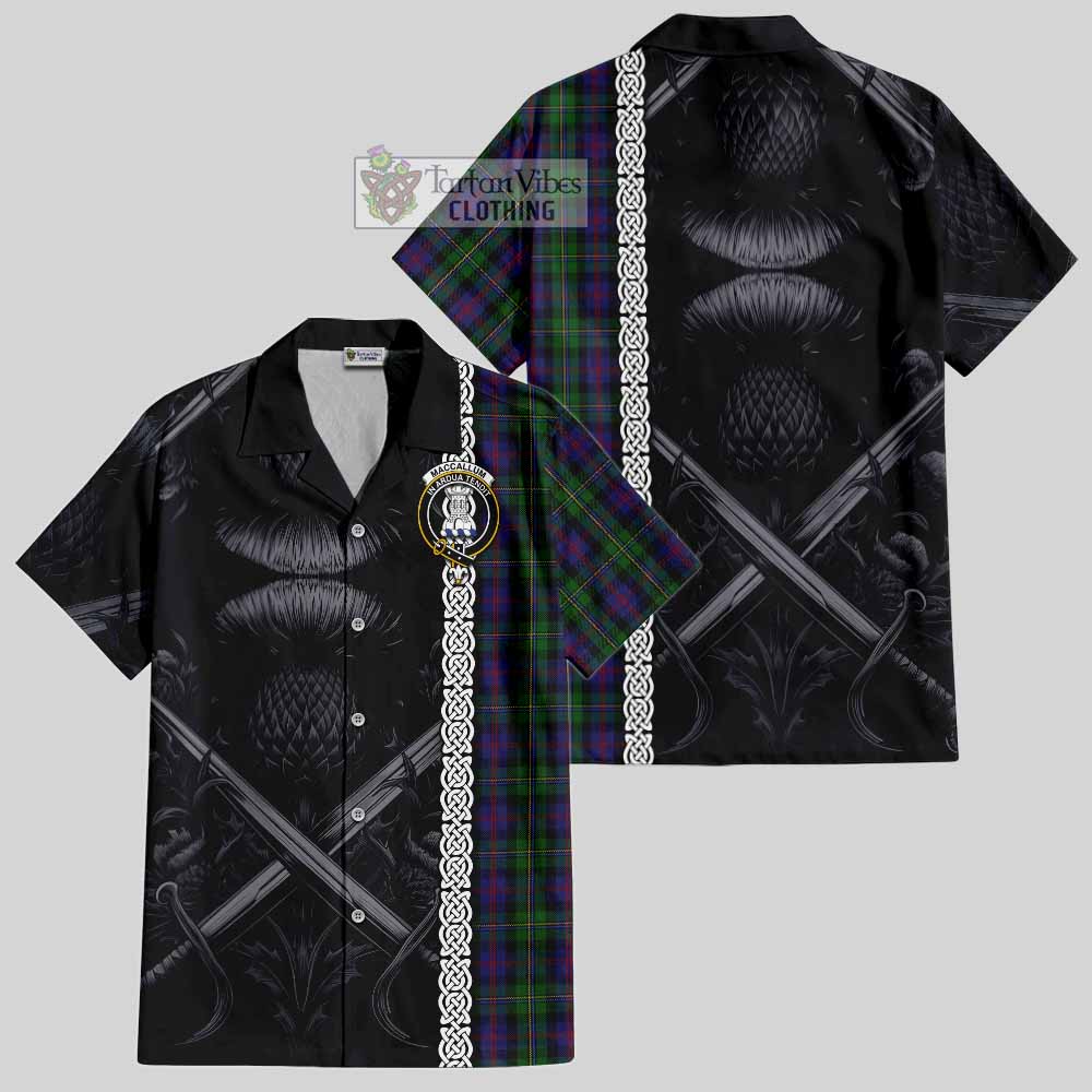 Tartan Vibes Clothing MacCallum (McCallum) Tartan Short Sleeve Button Shirt with Family Crest Cross Sword Thistle Celtic Vibes