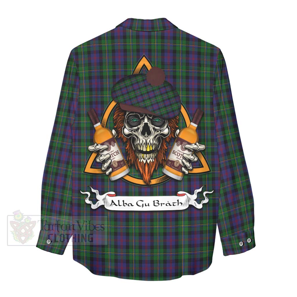 Tartan Vibes Clothing MacCallum (McCallum) Tartan Women's Casual Shirt with Family Crest and Bearded Skull Holding Bottles of Whiskey