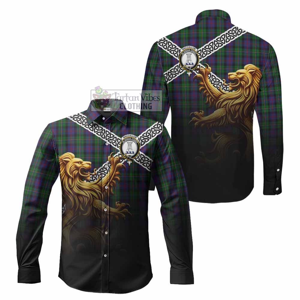 Tartan Vibes Clothing MacCallum (McCallum) Crest Tartan Long Sleeve Button Shirt with Golden Lion Emblem Celtic Style