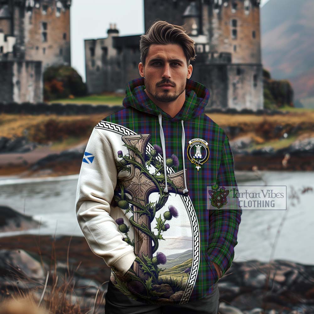 Tartan Vibes Clothing MacCallum (McCallum) Tartan Cotton Hoodie with Family Crest and St. Andrew's Cross Accented by Thistle Vines