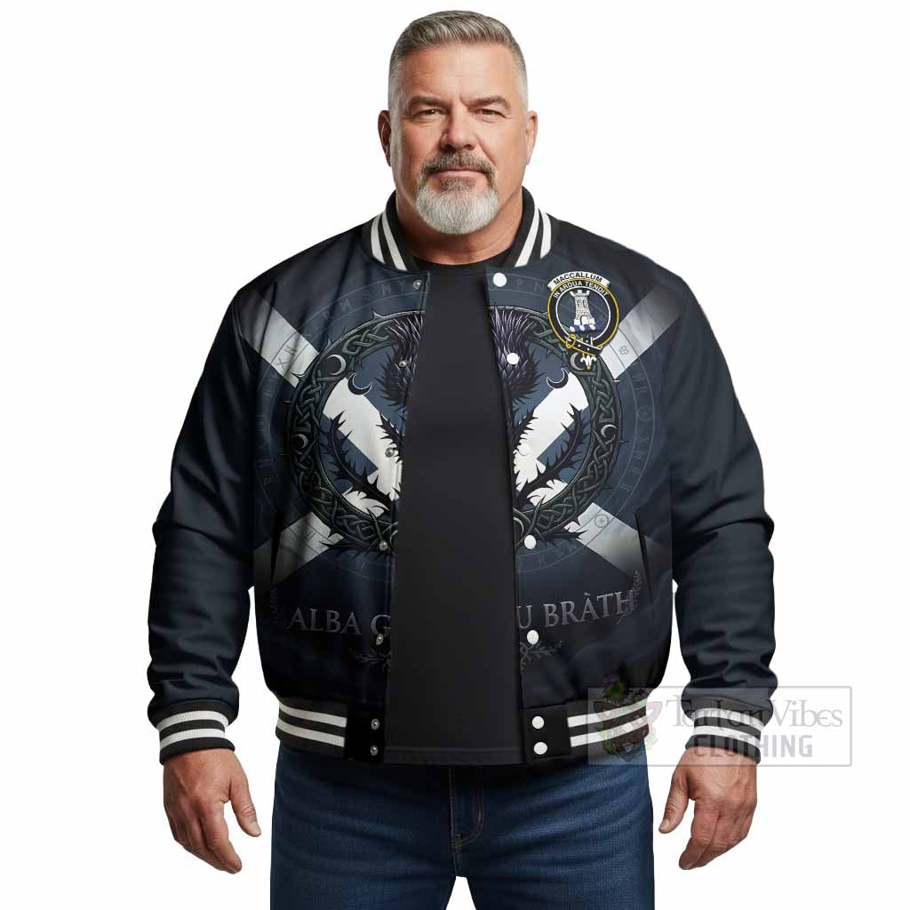 MacCallum (McCallum) Clan Crest Baseball Jacket with Celtic Knot Thistle and Saltire