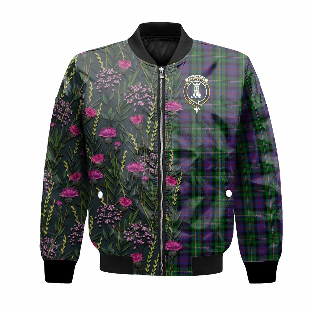 MacCallum (McCallum) Family Crest Tartan Bomber Jacket Scottish Thistle Flower Pattern Half Style - Tartan Vibes Clothing