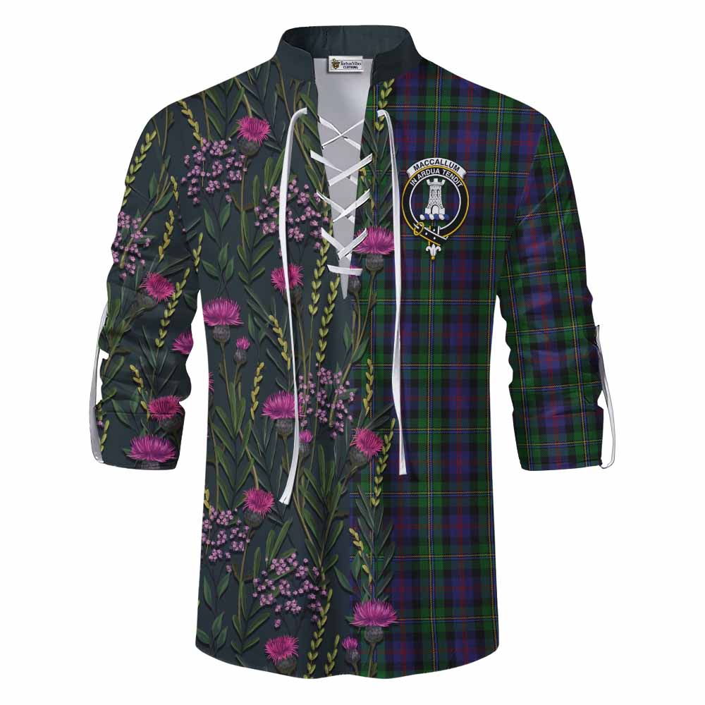 MacCallum (McCallum) Family Crest Tartan Ghillie Shirt Scottish Thistle Flower Pattern Half Style - Tartan Vibes Clothing