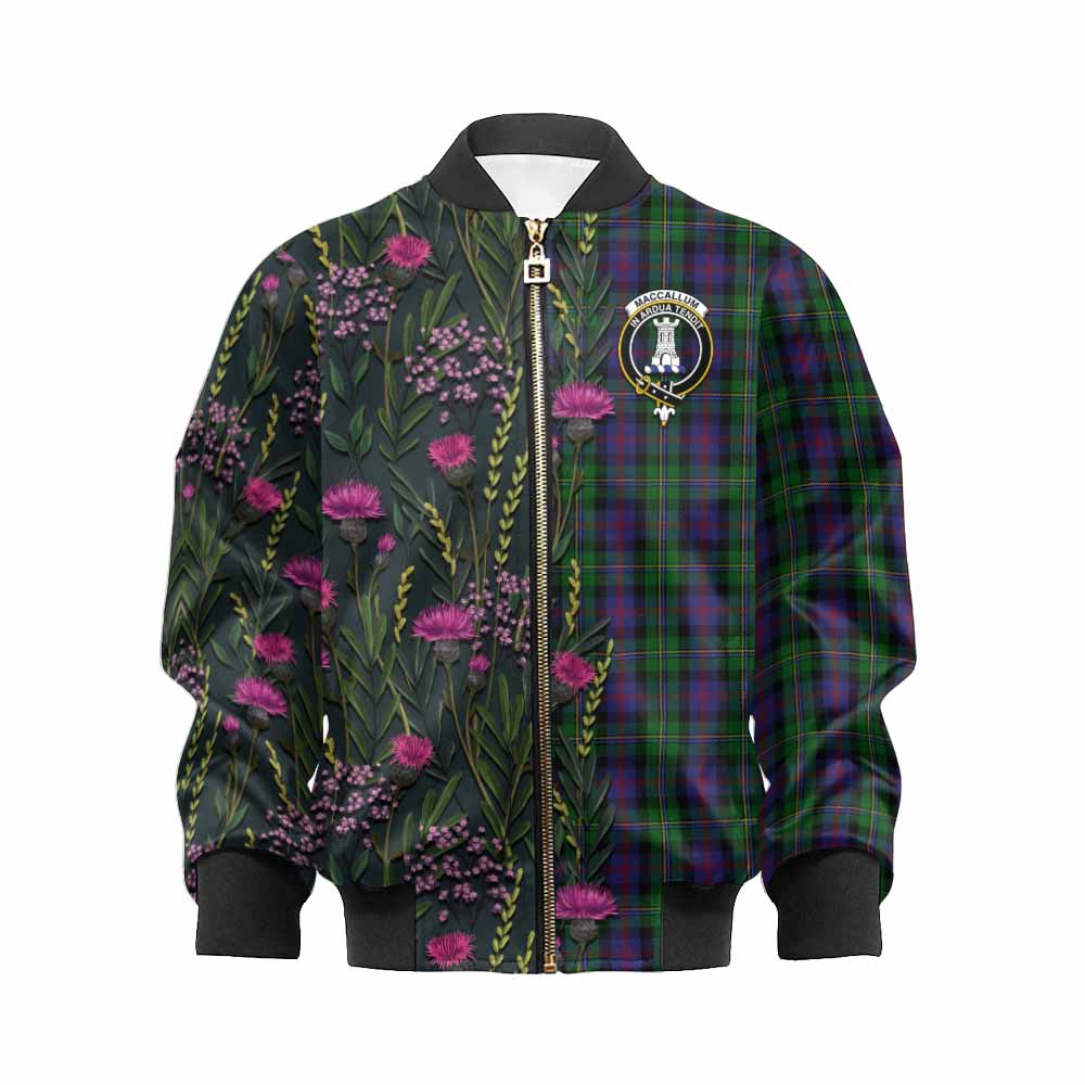 MacCallum (McCallum) Family Crest Tartan Kid Bomber Jacket Scottish Thistle Flower Pattern Half Style - Tartan Vibes Clothing