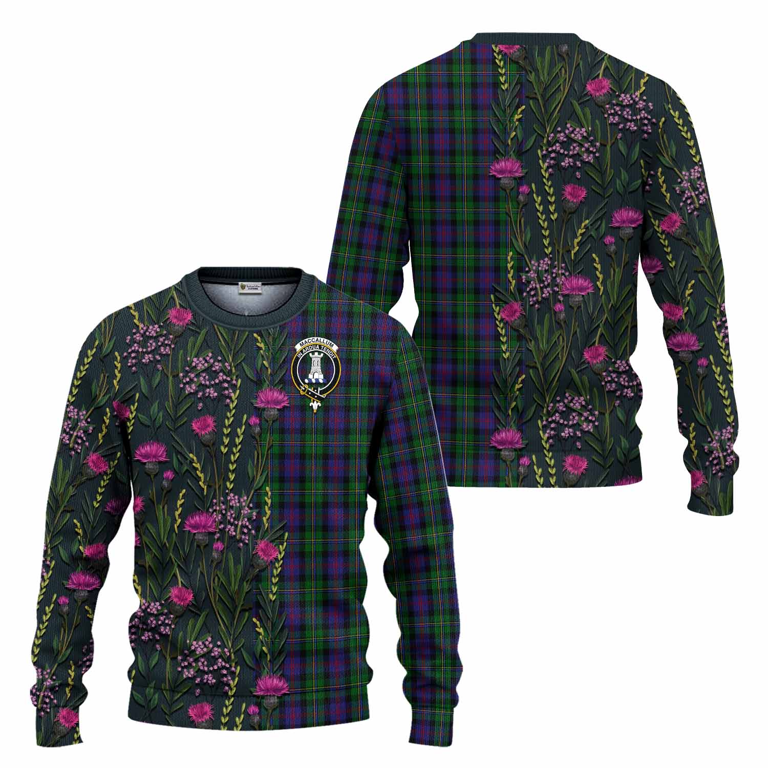 MacCallum (McCallum) Family Crest Tartan Knitted Sweater Scottish Thistle Flower Pattern Half Style - Tartan Vibes Clothing