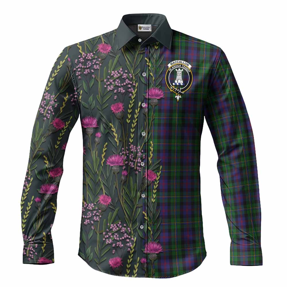 MacCallum (McCallum) Family Crest Tartan Long Sleeve Button Shirts Scottish Thistle Flower Pattern Half Style - Tartan Vibes Clothing