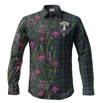 MacCallum (McCallum) Family Crest Tartan Long Sleeve Button Shirts Scottish Thistle Flower Pattern Half Style