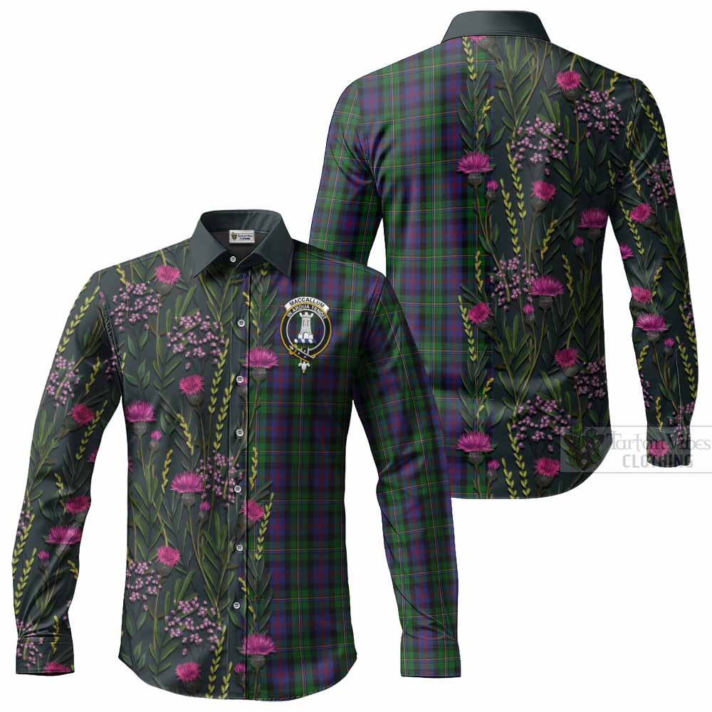 MacCallum (McCallum) Family Crest Tartan Long Sleeve Button Shirts Scottish Thistle Flower Pattern Half Style - Tartan Vibes Clothing