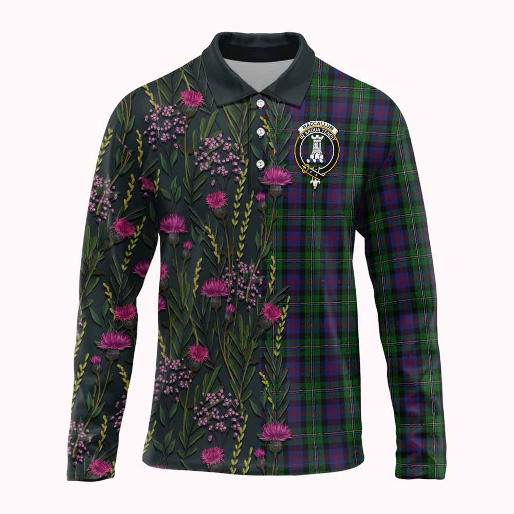 MacCallum (McCallum) Family Crest Tartan Long Sleeve Polo Shirt Scottish Thistle Flower Pattern Half Style - Tartan Vibes Clothing