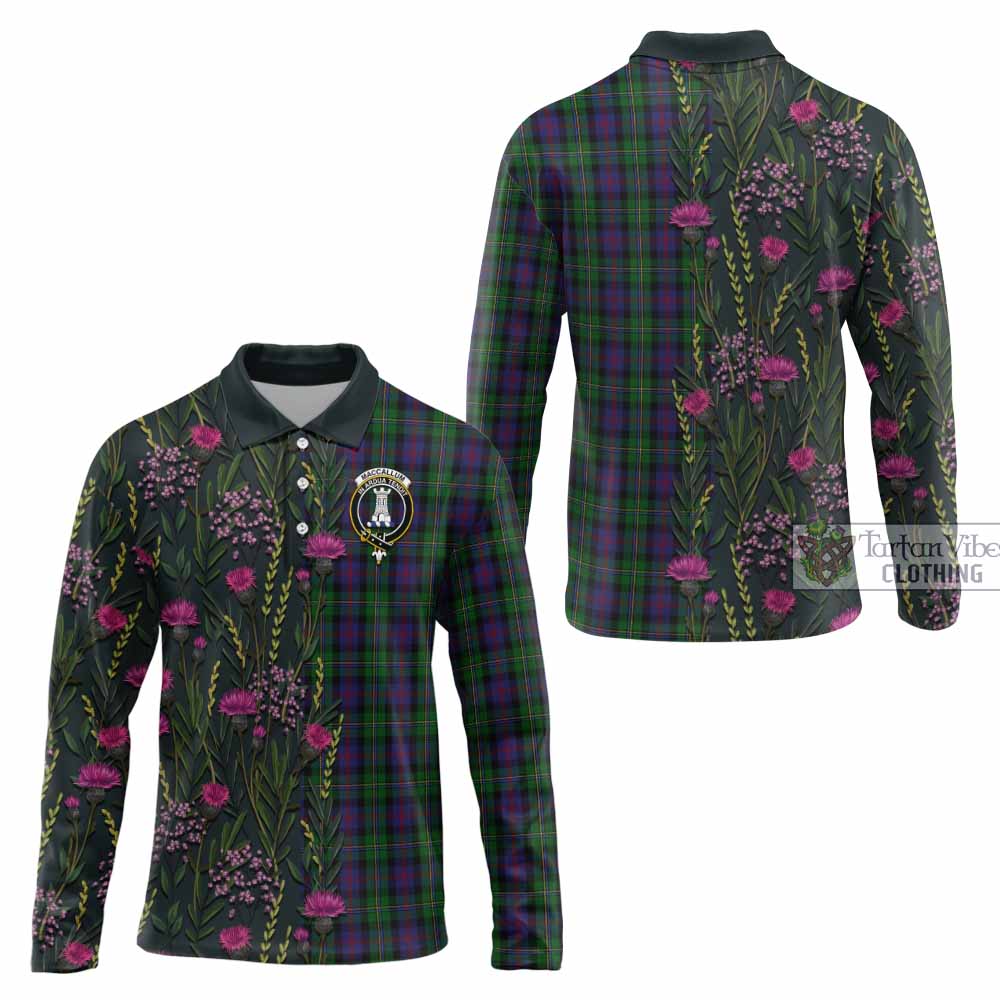 MacCallum (McCallum) Family Crest Tartan Long Sleeve Polo Shirt Scottish Thistle Flower Pattern Half Style - Tartan Vibes Clothing