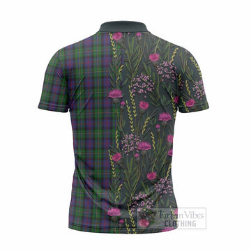 MacCallum (McCallum) Family Crest Tartan Zipper Polo Shirt Scottish Thistle Flower Pattern Half Style