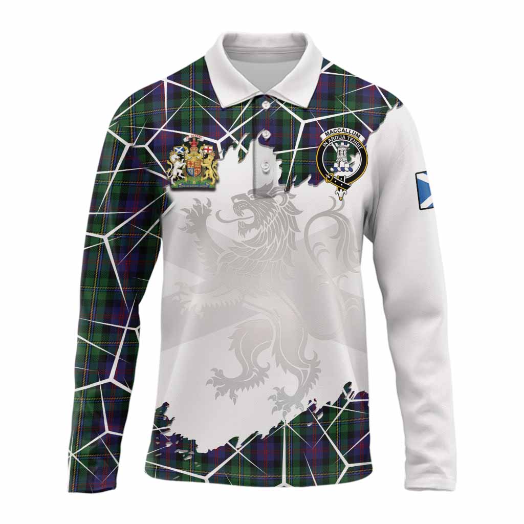 MacCallum (McCallum) Tartan Long Sleeve Polo Shirt with Family Crest and Lion Rampant Grunge Style