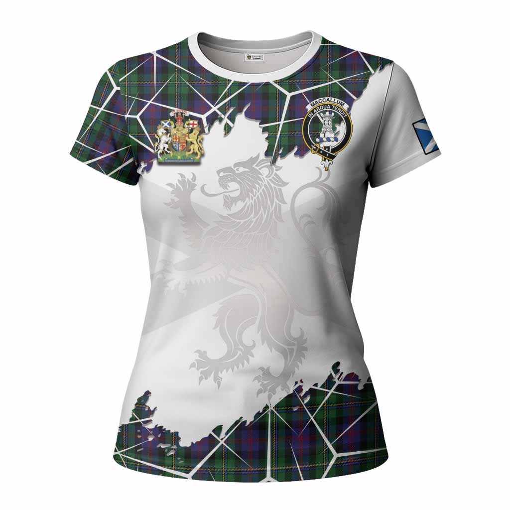MacCallum (McCallum) Tartan Women T shirt with Family Crest and Lion Rampant Grunge Style