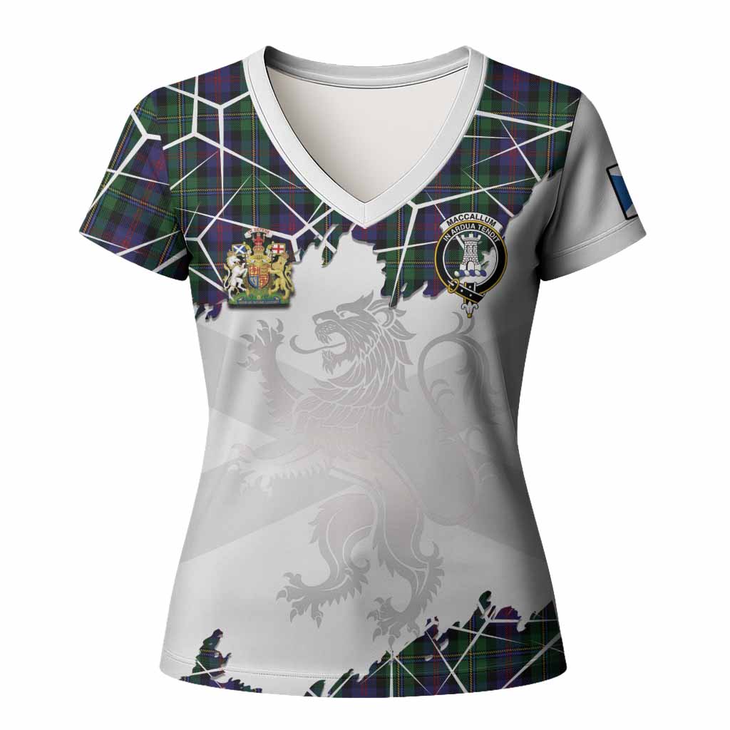 MacCallum (McCallum) Tartan Women T shirt with Family Crest and Lion Rampant Grunge Style