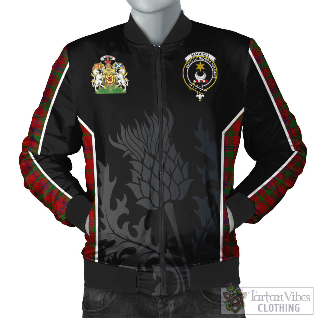 MacColl (McColl) Tartan Bomber Jacket with Family Crest and Scottish Thistle Vibes Sport Style Unisex Black - Tartan Vibes Clothing