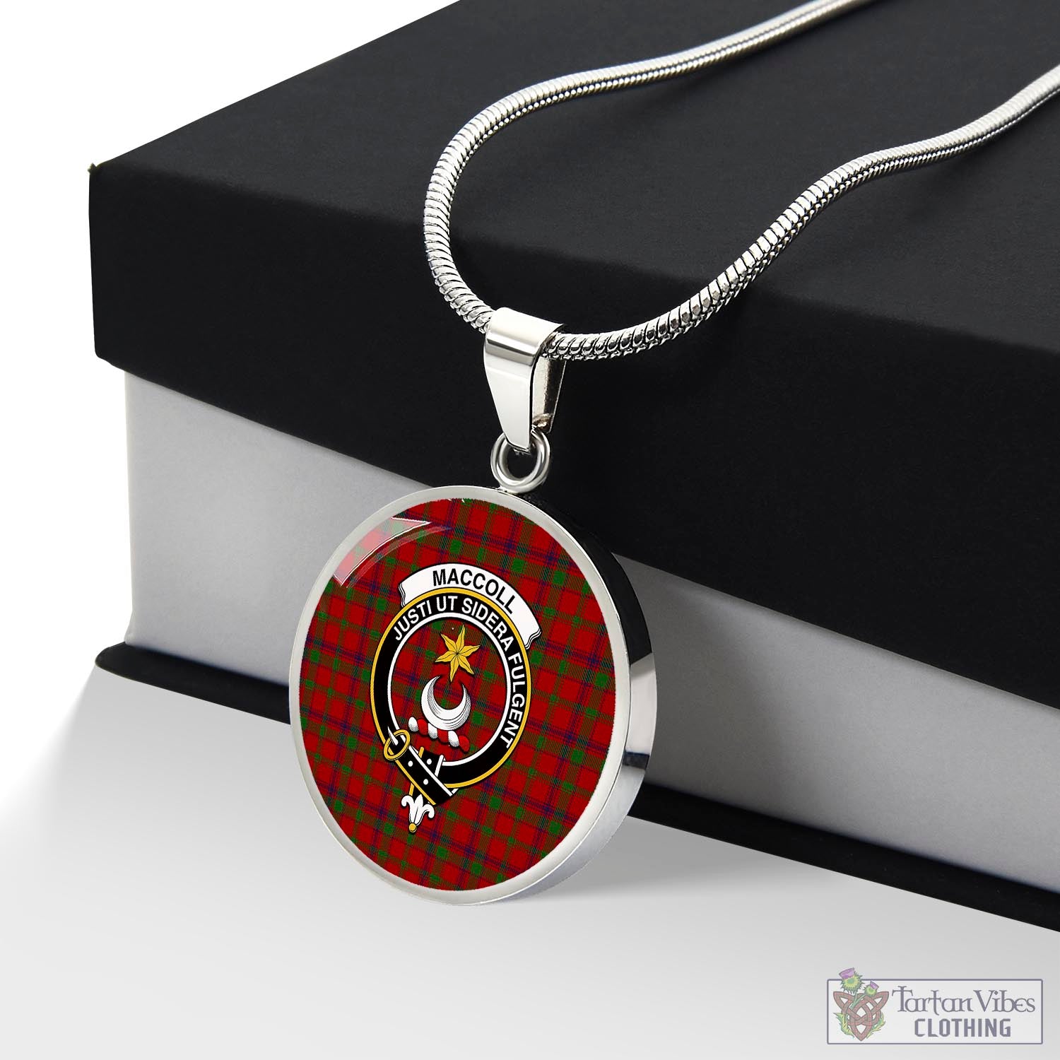 MacColl (McColl) Tartan Circle Necklace with Family Crest Luxury Necklace (Silver) No - Tartan Vibes Clothing