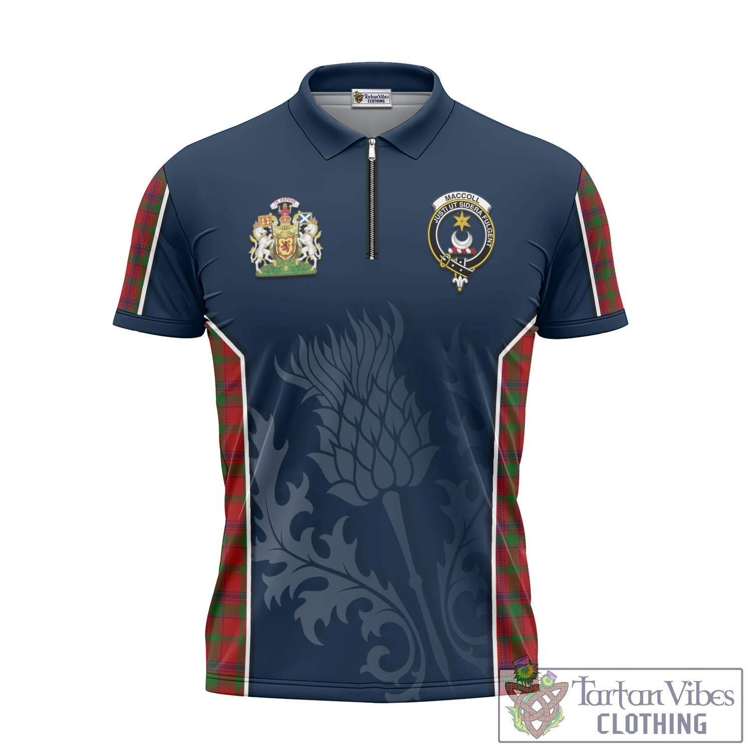 Tartan Vibes Clothing MacColl Tartan Zipper Polo Shirt with Family Crest and Scottish Thistle Vibes Sport Style