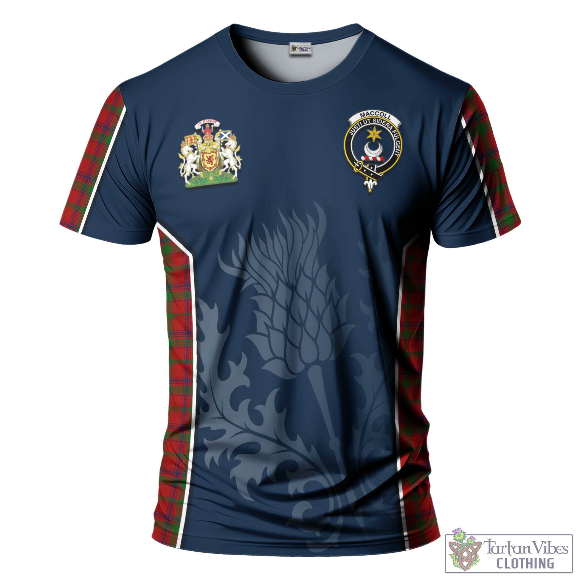 Tartan Vibes Clothing MacColl Tartan T-Shirt with Family Crest and Scottish Thistle Vibes Sport Style