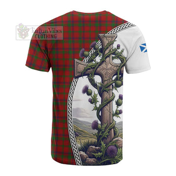 MacColl (McColl) Tartan Cotton T-shirt with Family Crest and St. Andrew's Cross Accented by Thistle Vines - Tartan Vibes Clothing