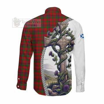 MacColl (McColl) Tartan Long Sleeve Button Shirt with Family Crest and St. Andrew's Cross Accented by Thistle Vines Men's Shirt - Tartan Vibes Clothing