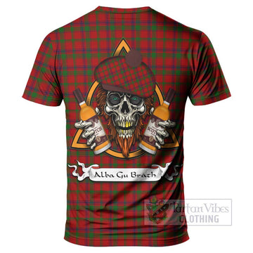 MacColl (McColl) Tartan T-Shirt with Family Crest and Bearded Skull Holding Bottles of Whiskey - Tartan Vibes Clothing