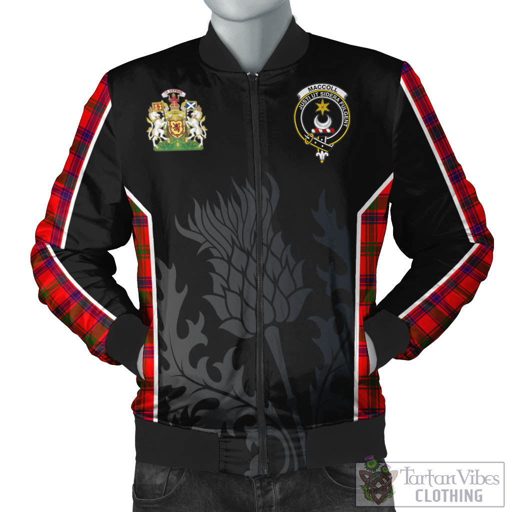 Tartan Vibes Clothing MacColl Modern Tartan Bomber Jacket with Family Crest and Scottish Thistle Vibes Sport Style