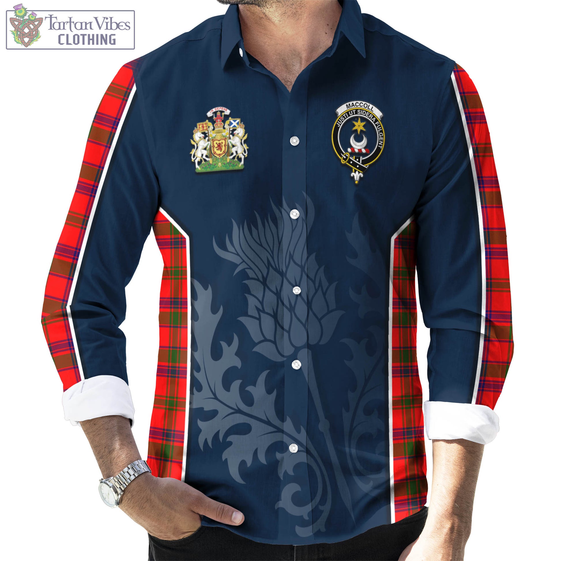 Tartan Vibes Clothing MacColl Modern Tartan Long Sleeve Button Up Shirt with Family Crest and Scottish Thistle Vibes Sport Style