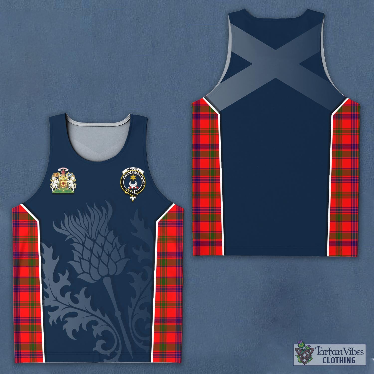 Tartan Vibes Clothing MacColl Modern Tartan Men's Tanks Top with Family Crest and Scottish Thistle Vibes Sport Style