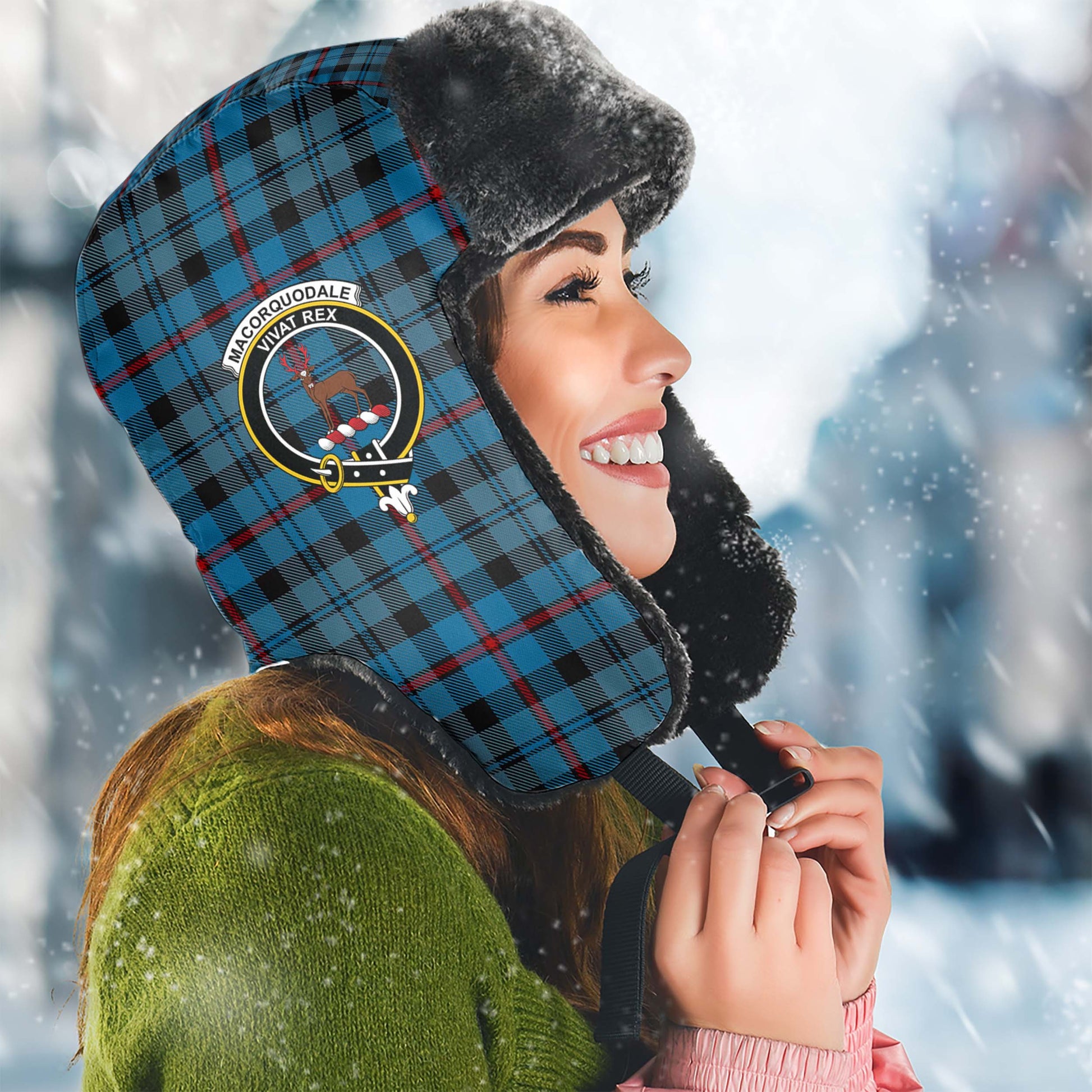 MacCorquodale (McCorquodale) Tartan Winter Trapper Hat with Family Crest Winter Trapper Hat Universal Fit Circumference 22.8in (58cm) - Tartan Vibes Clothing