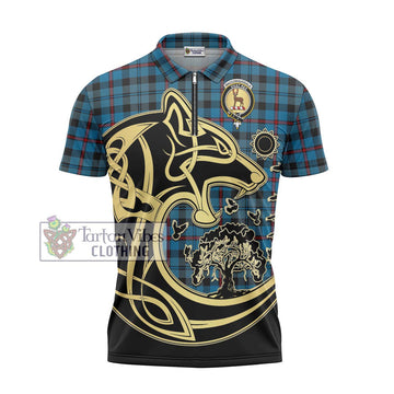 MacCorquodale (McCorquodale) Tartan Zipper Polo Shirt with Family Crest Celtic Wolf Style - Tartan Vibes Clothing